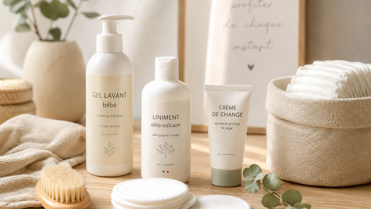 Routine de soins bébé minimaliste avec gel lavant, liniment et crème de change